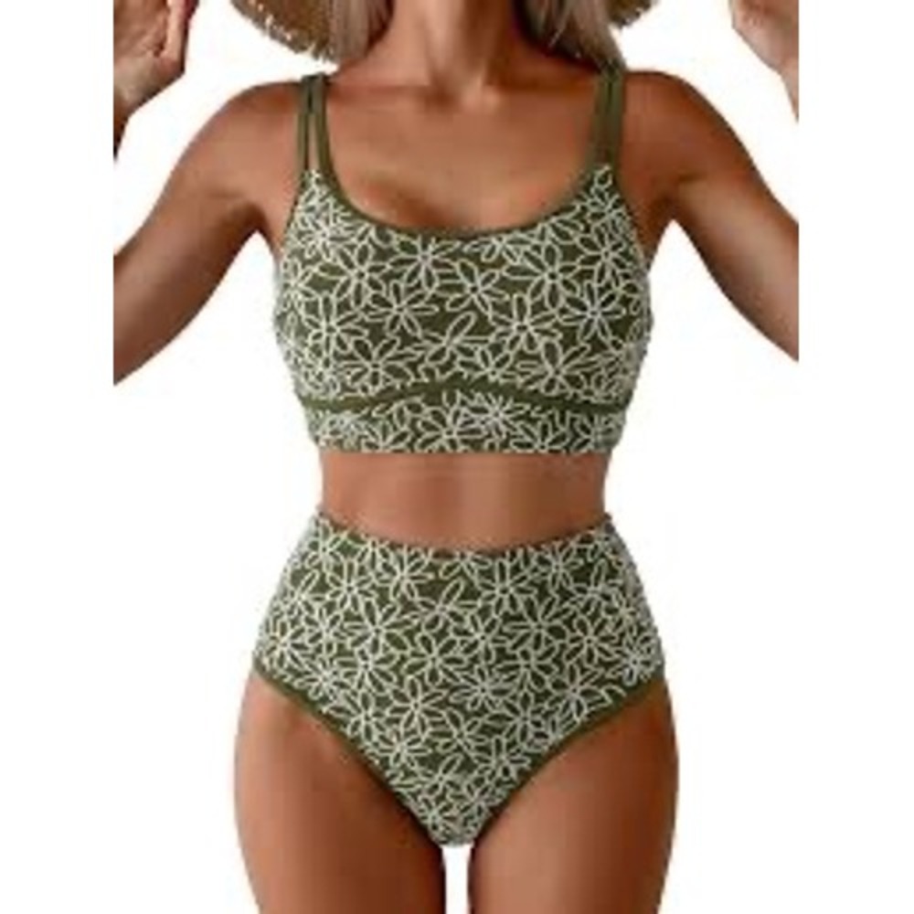 Olive Green Floral Daisy Two Piece Bikini Set High Waisted XL